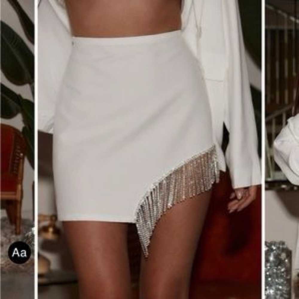 White Rhinestone Slit Skirt